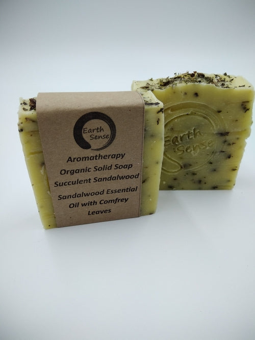 Organic Solid Soap - Sandalwood with Shredded Comfrey Leaves