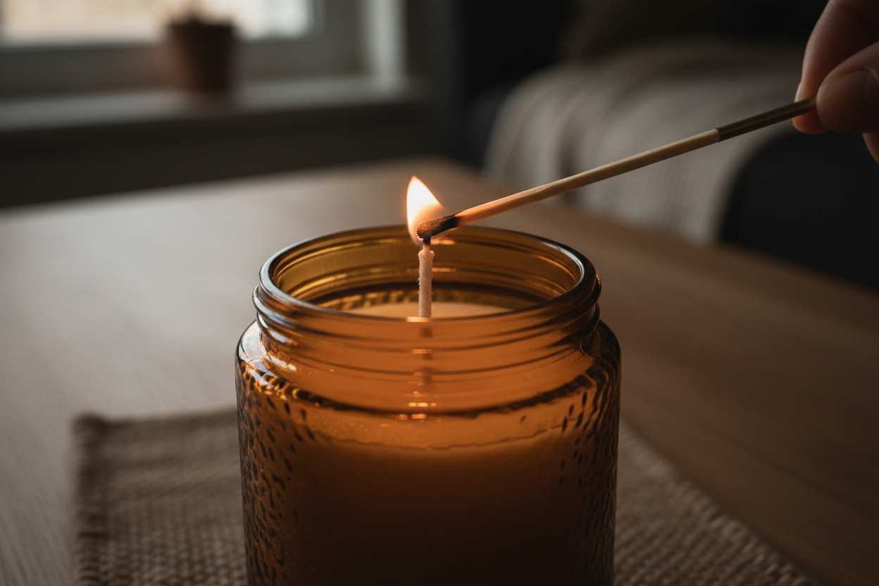 candle in a brown glass jar being lit